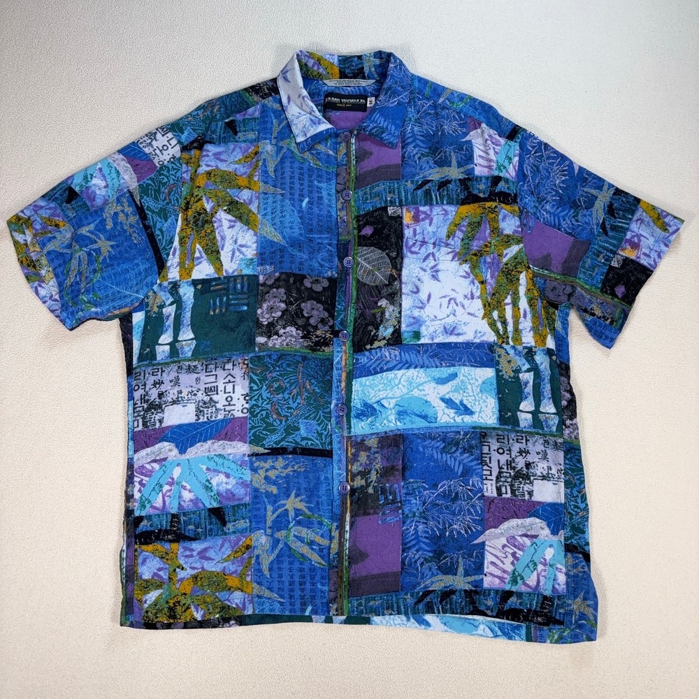 Jams World Shirt Men's M Blue Asian Fusion Pocket Japanese‎ Rayon Hawaii Resort